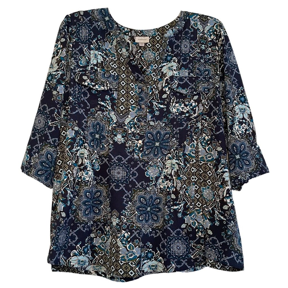 SOLD IN AUCTION ~ AVENUE Abstract Floral Navy Blue Button Henley 18/20 - Picture 1 of 11